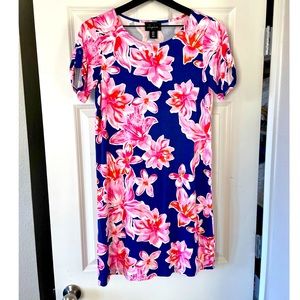 Royal blue and pink floral dress by Heyton in size small